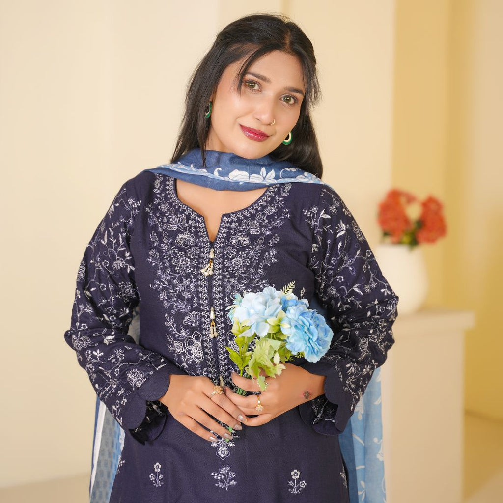 Dhanak Navy Blue Embroidered 3-Piece Suit with Contrast Printed Dupatta