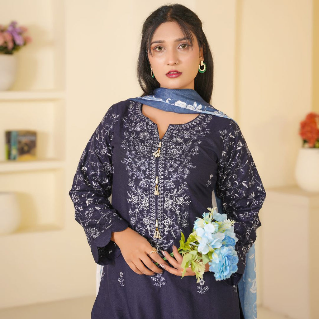 Dhanak Navy Blue Embroidered 3-Piece Suit with Contrast Printed Dupatta