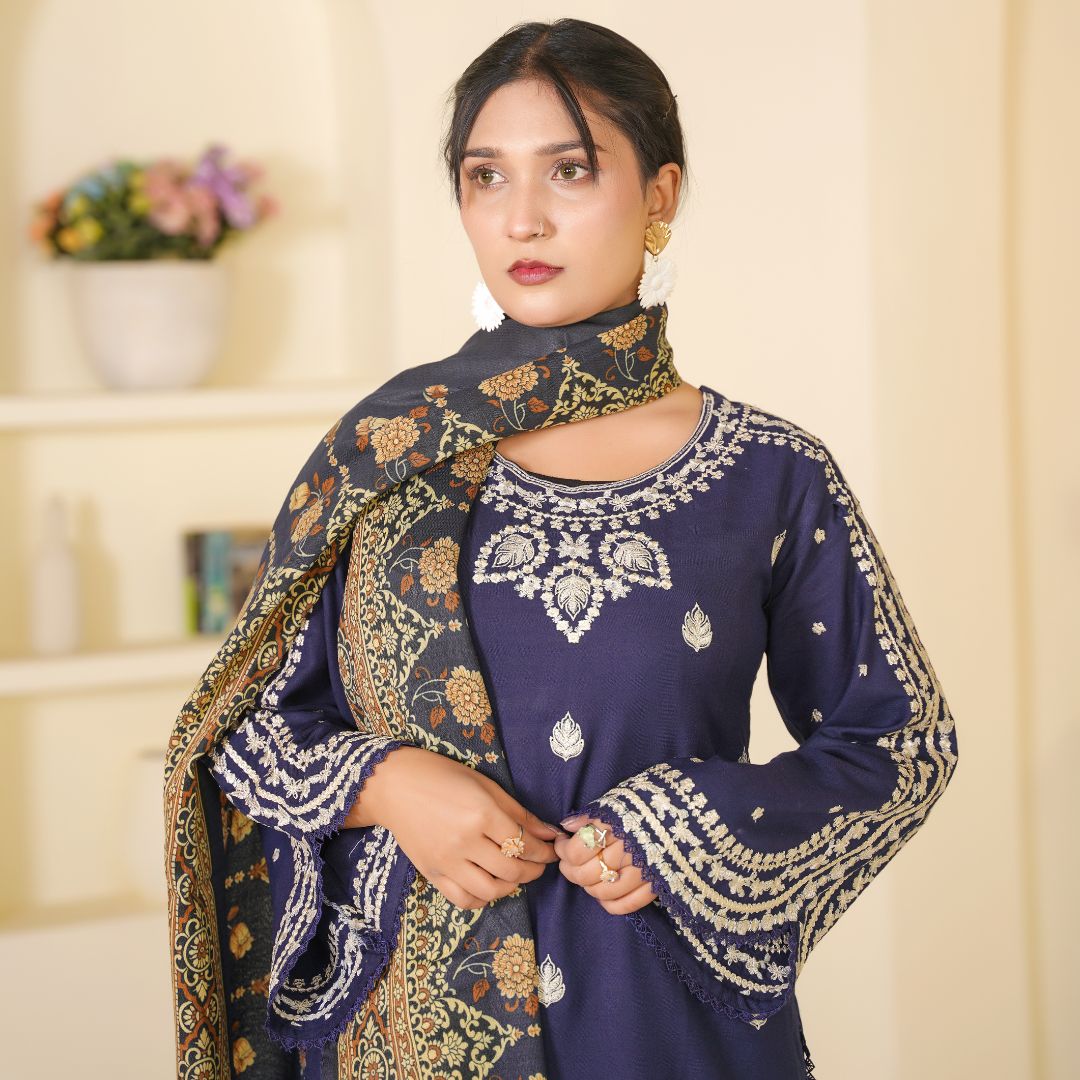 RD-DNK-2501-NB01 Navy Blue Embroidered Dhanak 3 Piece Suit for Women