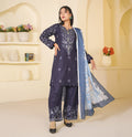 Dhanak Navy Blue Embroidered 3-Piece Suit with Contrast Printed Dupatta