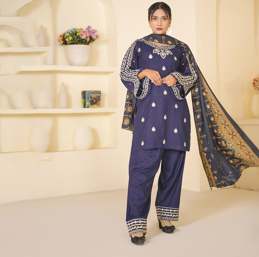 RD-DNK-2501-NB01 Navy Blue Embroidered Dhanak 3 Piece Suit for Women