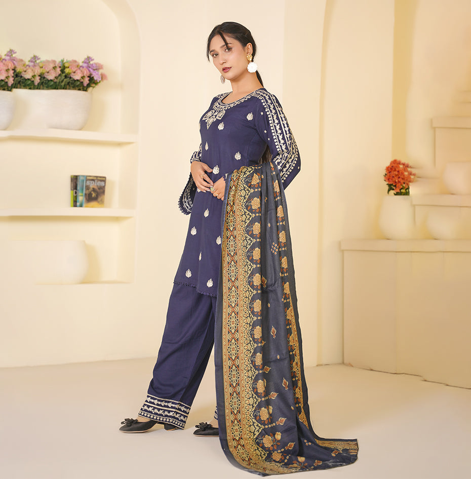 RD-DNK-2501-NB01 Navy Blue Embroidered Dhanak 3 Piece Suit for Women