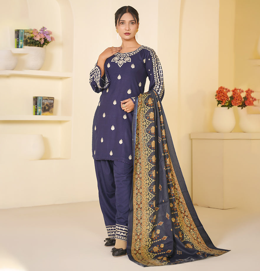 RD-DNK-2501-NB01 Navy Blue Embroidered Dhanak 3 Piece Suit for Women