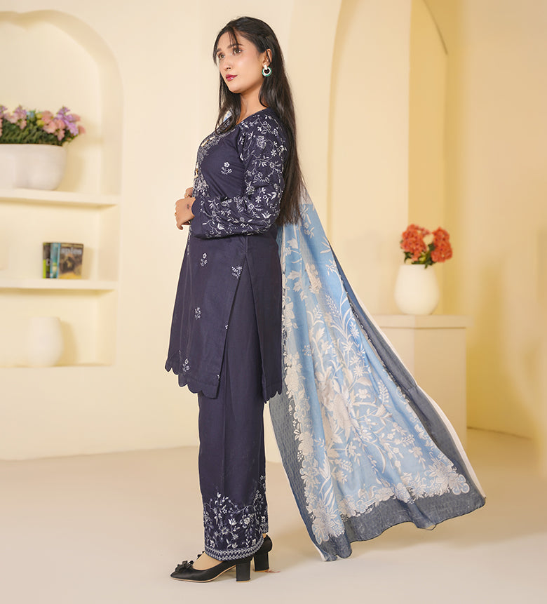 Dhanak Navy Blue Embroidered 3-Piece Suit with Contrast Printed Dupatta