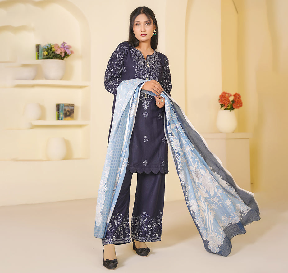 Dhanak Navy Blue Embroidered 3-Piece Suit with Contrast Printed Dupatta